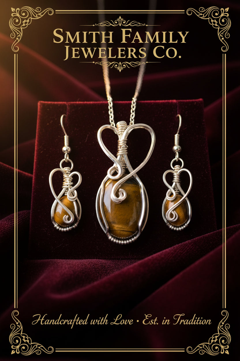 tiger eye set with silver plated wire wrapping