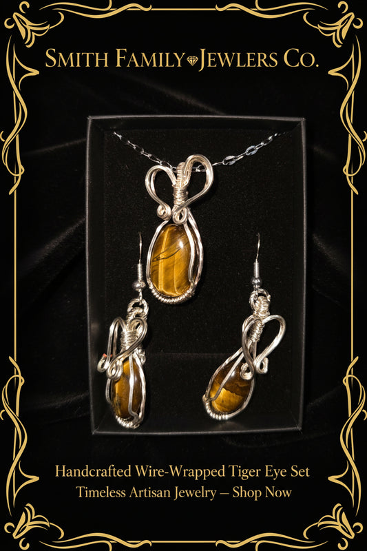 Amazing Tiger eye necklace and earring set wrapped in silver-plated wire