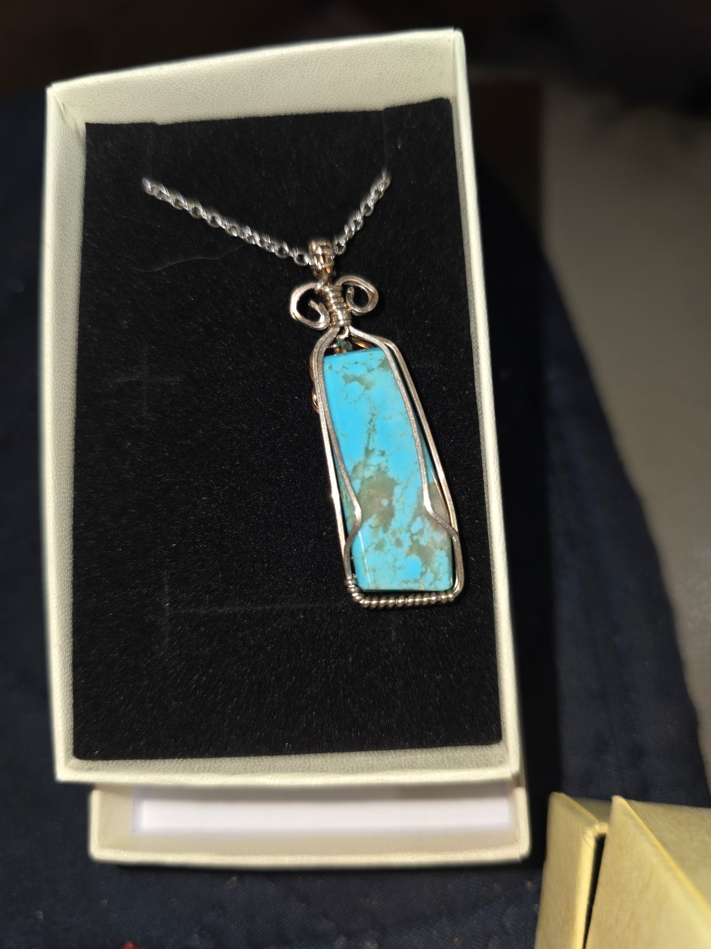turquoise pendent with sterling silver / ghold filled wire plus stainless chain